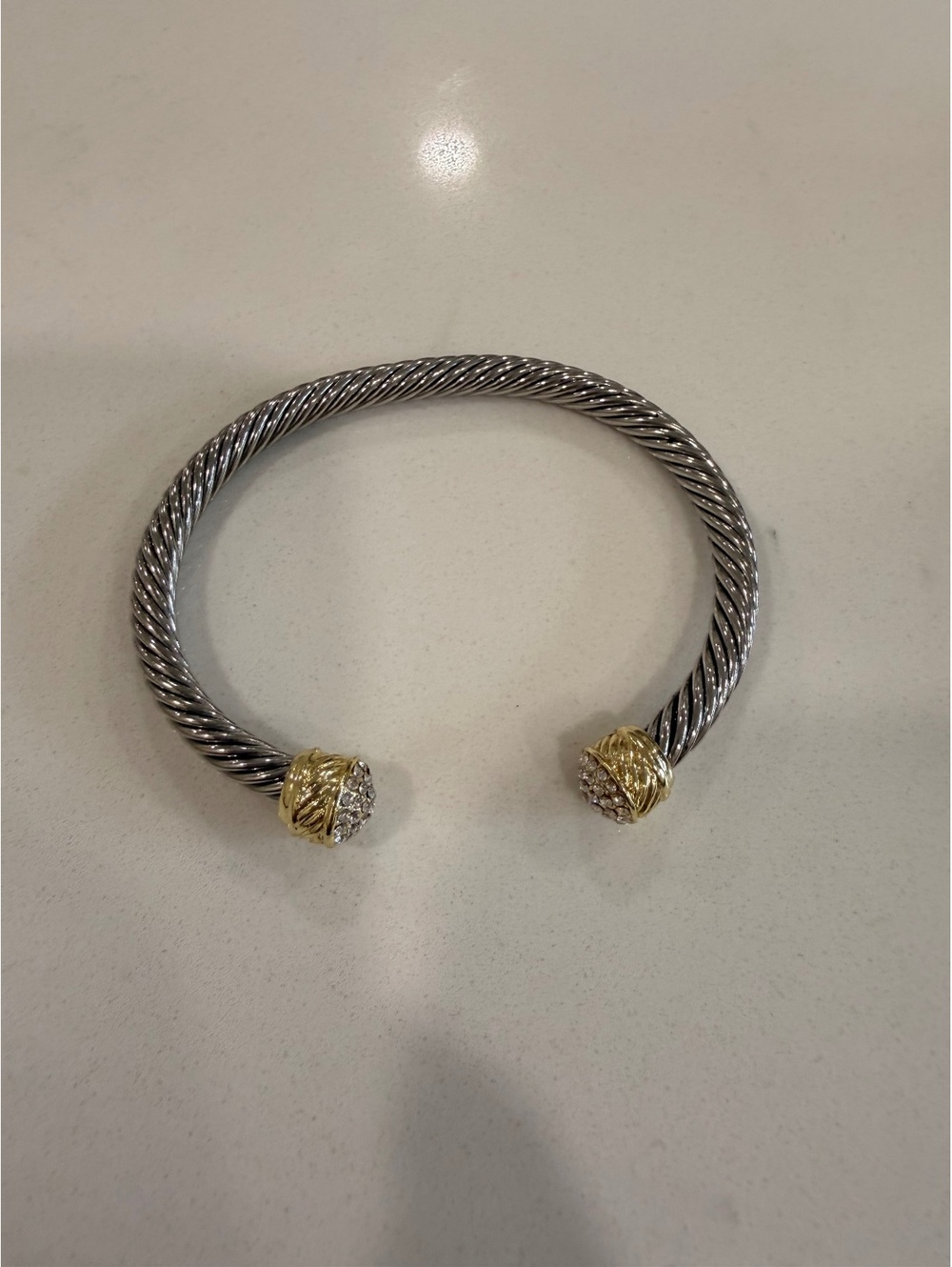 Two-Tone Twisted Cable Cuff Bracelet with Rhinestone Ends